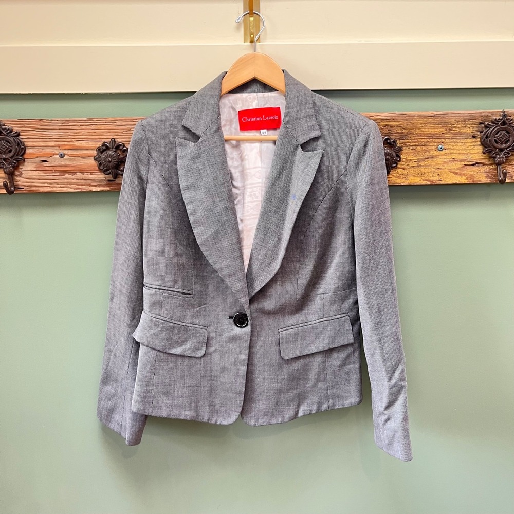 Christian Lacroix Paris Grey Micro Pattern Single Button Blazer Jacket‎ 44 US 12